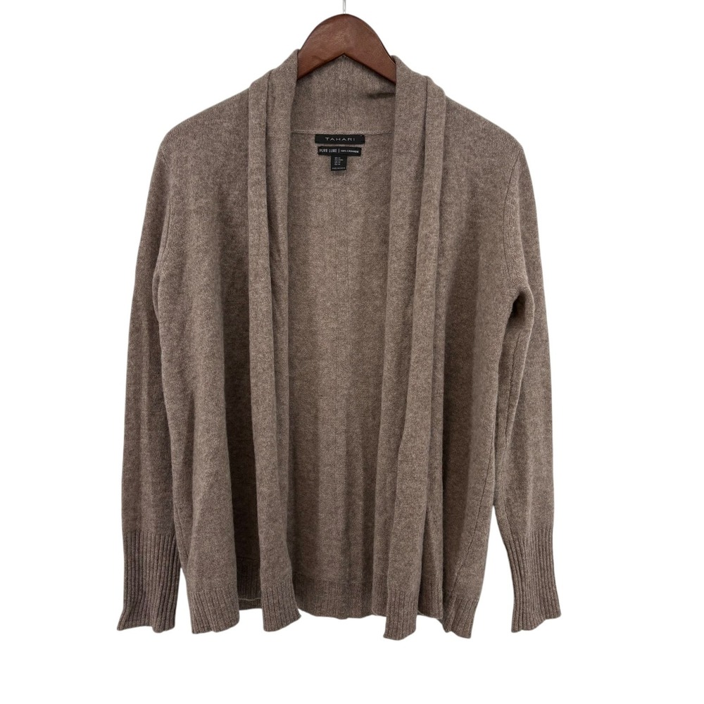 Tahari Pure Luxe 100% Cashmere Cardigan M Taupe Shawl Collar
